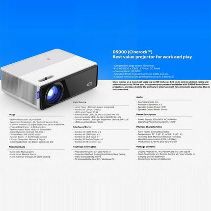 High-Definition Digital Projector for Home Entertainment and Presentations - 1080p HD, 6000 LED lumens, wireless screen mirroring, up to 100-inch image