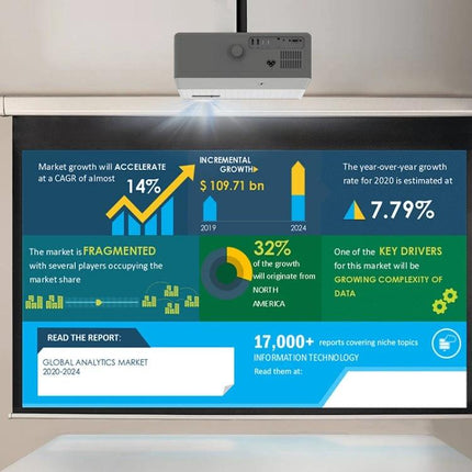 High-Definition Digital Projector for Home Entertainment and Presentations projecting a 100-inch infographic with 1920x1080 clarity and 6000 LED lumens