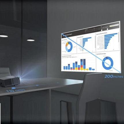 High-Definition Digital Projector for Home Entertainment and Presentations projecting 200-inch business charts in a meeting room