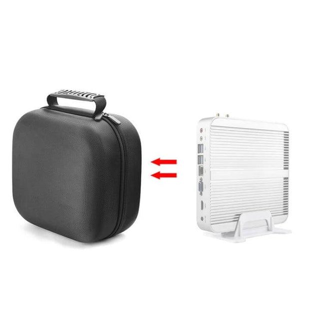 Versatile Protective Storage Bag for Mini PCs and Devices shown carrying a compact mini PC to protect against scratches and impacts