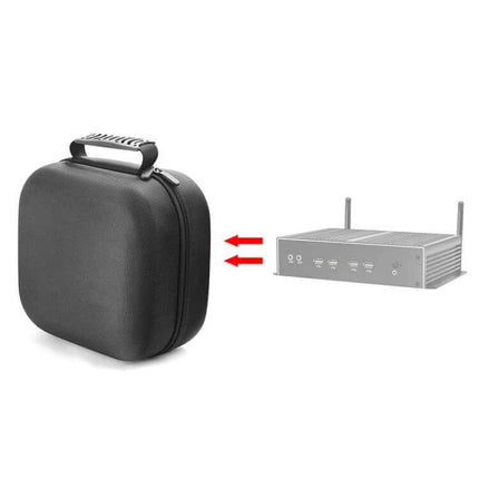 Versatile Protective Storage Bag for Mini PCs and Devices shown next to a mini PC, hard-shell carry case protecting device during travel