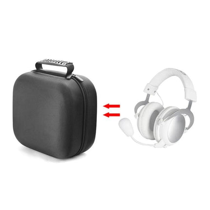 Protective Bag for Headsets in Everyday Travel Scenarios black zippered carrying case with handle next to white headset