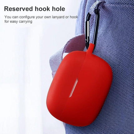Protect Your JBL Earphones During Daily Commutes With This Silicone Case hanging from backpack hook showing red silicone protective cover