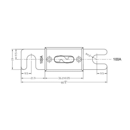 Gold-Plated ANL Fuse For Car Audio Systems, Everyday Use - 100A gold-plated contacts Bakelite body technical drawing