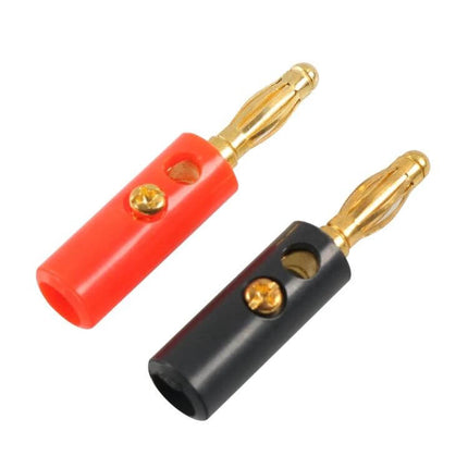 Car 4mm Banana Plug Gold Plated for Car Audio Systems – pair of red and black gold‑plated solder‑free banana plugs with ABS bodies for speaker connections