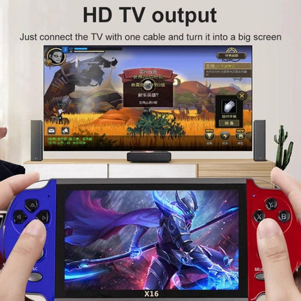 6.5-Inch Screen Handheld Game Console for Portable Play showing device linked to TV with HD output and built-in games