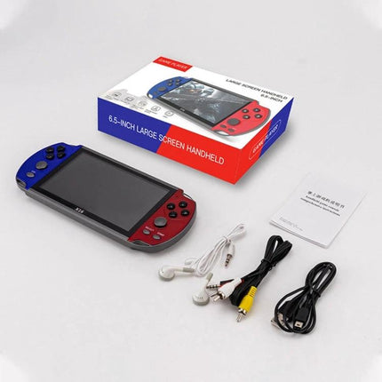 6.5-Inch Screen Handheld Game Console for Portable Play showing red-blue handheld, cables, earbuds and retail box