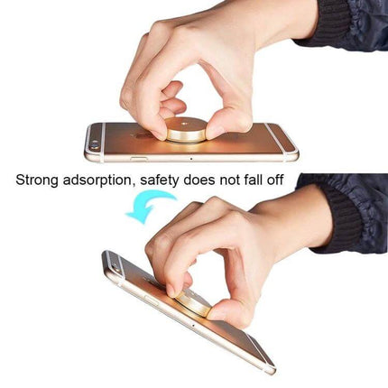 A8 Car Magnetic Phone Holder With Strong Adhesive Mounting on phone demonstrating strong adhesion to flat dashboard surface