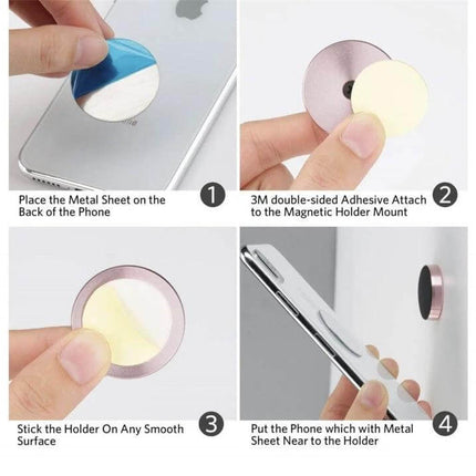 A8 Car Magnetic Phone Holder With Strong Adhesive Mounting - zinc alloy mount showing metal plate, adhesive backing, and phone attached for dashboard use