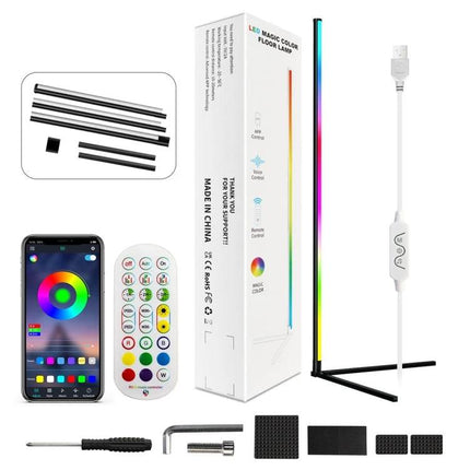 Enhance your home evenings with the LED Symphony floor light - slim RGB app-controlled floor lamp with remote, USB power, and assembly parts