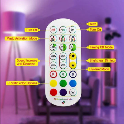 Enhance your home evenings with the LED Symphony floor light remote control showing color, brightness and mode buttons