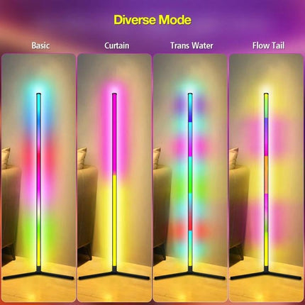 Enhance your home evenings with the LED Symphony floor light showing four color modes (Basic, Curtain, Trans Water, Flow Tail) with app-controlled RGB glow