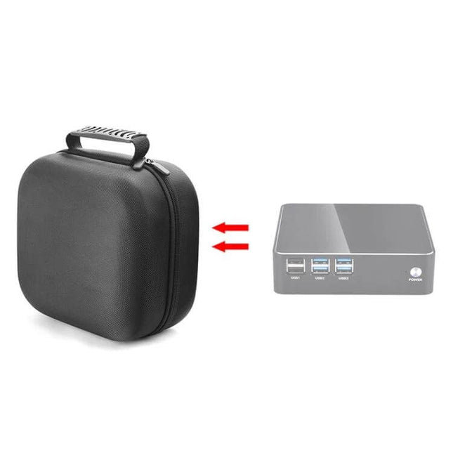 Mini PC Protective Storage Bag for Intel NUC Devices shown with portable hard-shell carry case protecting a mini PC during transport