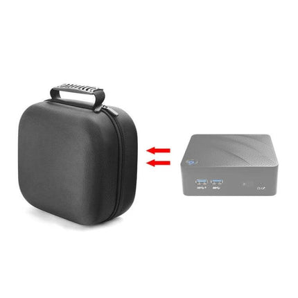 Mini PC Protective Storage Bag for Intel NUC Devices shown with compact NUC mini PC and carrying handle