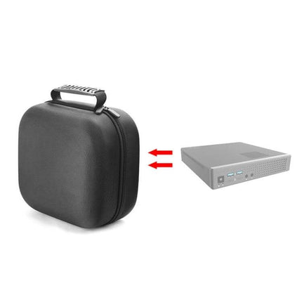 Mini PC Protective Storage Bag for Intel NUC Devices showing black hard-shell carry case with handle and Intel NUC mini PC