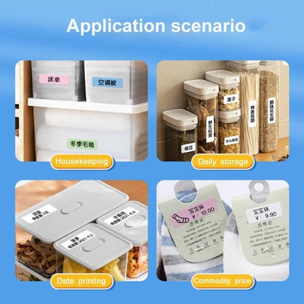 NiiMbot Thermal Adhesive Labels for Everyday Printing Tasks showing labeled pantry jars, storage bins, and price tags