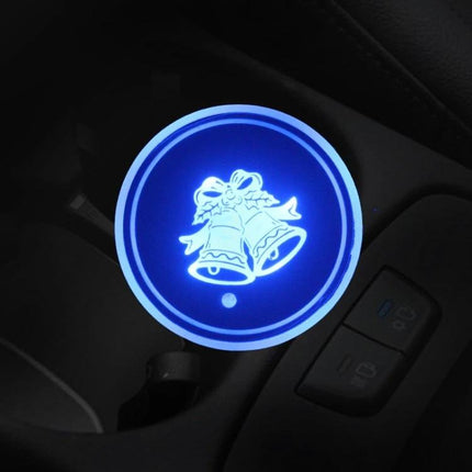 Car Acrylic USB Charger With Multicolor LED Ambience glowing blue acrylic bell design in car cup holder, laser-engraved icons and ambient light