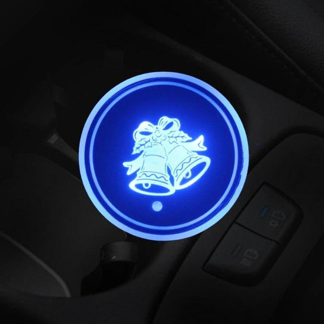 Car Acrylic USB Charger With Multicolor LED Ambience glowing blue acrylic bell design in car cup holder, laser-engraved icons and ambient light