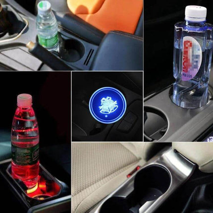 Car Acrylic USB Charger With Multicolor LED Ambience installed in car cup holder showing glowing LED ambient light and laser-engraved icons
