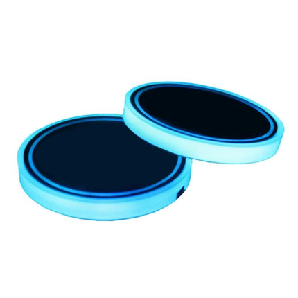 Car Acrylic USB Charger With Multicolor LED Ambience showing two glowing round acrylic USB car chargers with blue LED ambient light