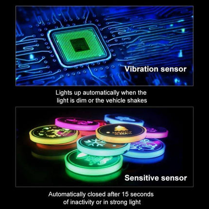 Car Acrylic USB Charger With Multicolor LED Ambience showing glowing engraved acrylic panels and sensors for vibration and light detection