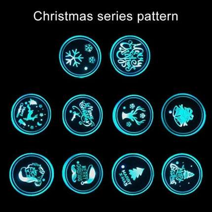 Car Acrylic USB Charger With Multicolor LED Ambience showing illuminated blue-green Christmas series acrylic panel icons (snowflakes, reindeer, Santa, trees)
