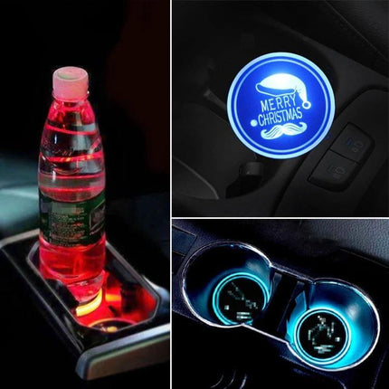 Car Acrylic USB Charger With Multicolor LED Ambience glowing blue Merry Christmas icon and red and teal cupholder ambient lighting