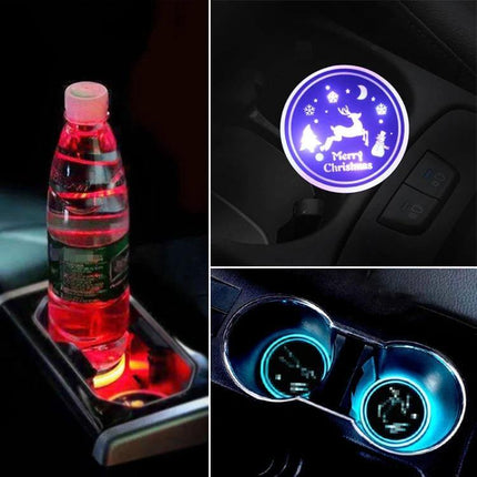 Car Acrylic USB Charger With Multicolor LED Ambience glowing in car cupholders with laser-engraved icons and ambient multicolor light