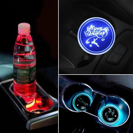 Car Acrylic USB Charger With Multicolor LED Ambience glowing acrylic cup holder coaster with laser-engraved icons and festive Merry Christmas design