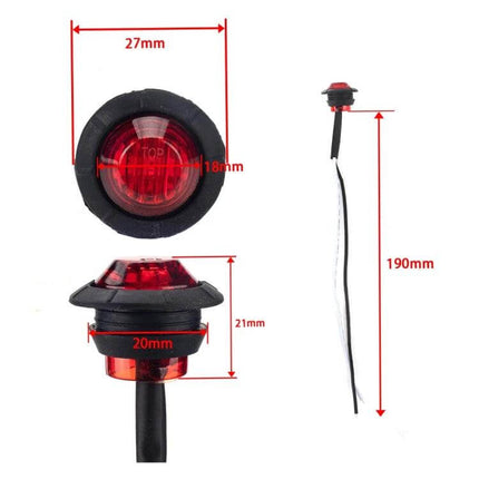 10 In 1 Truck Trailer LED Round Side Marker Lamp Red Light compact 12V round side marker lamp with wiring and dimensions 27mm, 21mm, 190mm