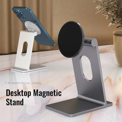 R-JUST Square Desktop Magnetic Holder for Phones with Adjustable Angle on aluminum desk showing phone in landscape for video calls