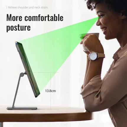 R-JUST Square Desktop Magnetic Holder for Phones with Adjustable Angle showing phone on aluminum stand at ergonomic height for comfortable posture and video calls