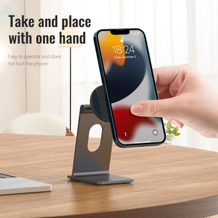 R-JUST Square Desktop Magnetic Holder for Phones with Adjustable Angle showing a hand placing a phone on an aluminum magnetic desktop stand
