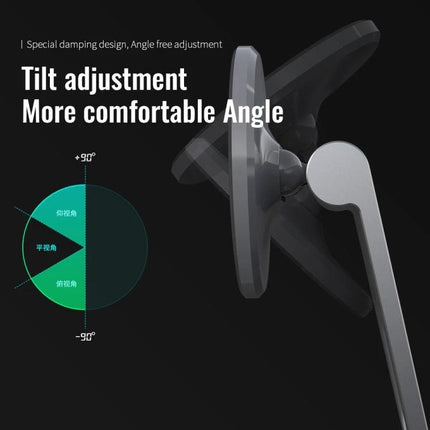 R-JUST Square Desktop Magnetic Holder for Phones with Adjustable Angle showing tilt adjustment and 90° angle range on aluminum alloy stand