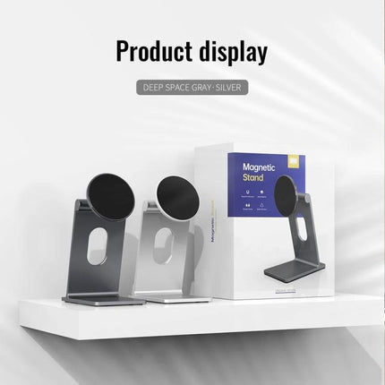 R-JUST Square Desktop Magnetic Holder for Phones with Adjustable Angle on a desk in deep space gray and silver, aluminum magnetic phone stand showcasing packaging