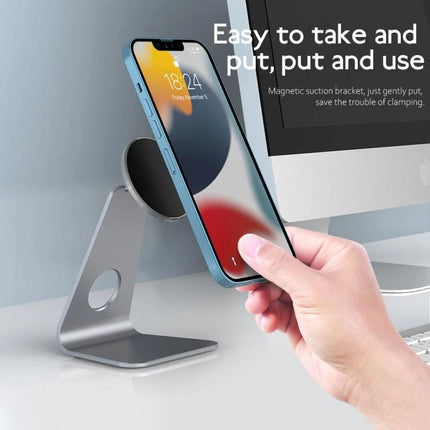 R-JUST Round Desktop Magnetic Holder for Stable Phone Placement shown holding a smartphone on an aluminum desk stand for hands-free use