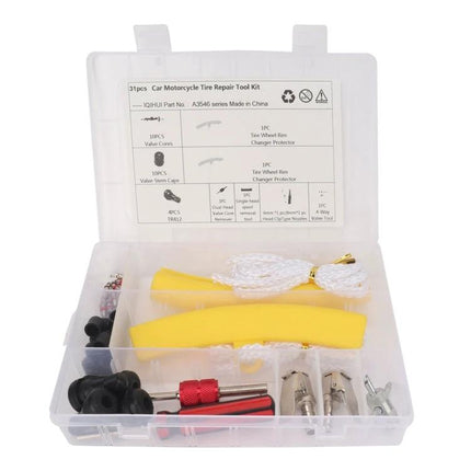 Tire Repair Kit for Everyday Vehicle Maintenance Needs with tools in clear plastic case for quick car and bicycle tire fixes