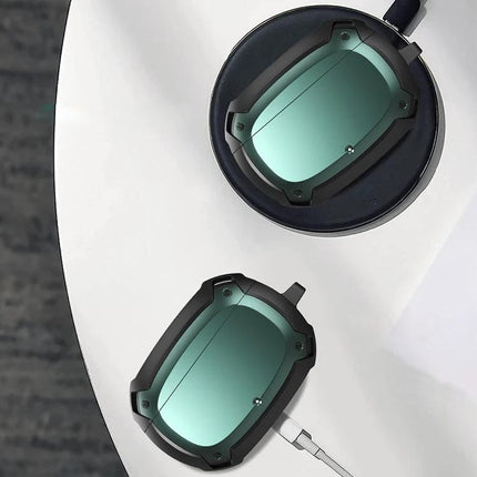 Bumblebee Armor Case for Everyday Earbud Protection and Carrying shown in black and teal on a white table with charging cable