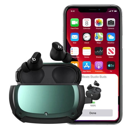 Bumblebee Armor Case for Everyday Earbud Protection and Carrying protecting black earbuds next to smartphone showing battery status