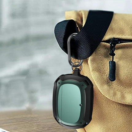 Bumblebee Armor Case for Everyday Earbud Protection and Carrying hanging from a backpack carabiner, rugged protective earbud case
