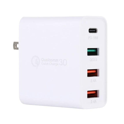 A3 PD 18W USB C Travel Charger Quad USB Ports QC3.0 Fast Charge US EU UK Plugs white foldable pins PD and QC3.0 4-port travel wall charger