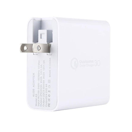 A3 PD 18W USB C Travel Charger Quad USB Ports QC3.0 Fast Charge US EU UK Plugs white foldable pins side view
