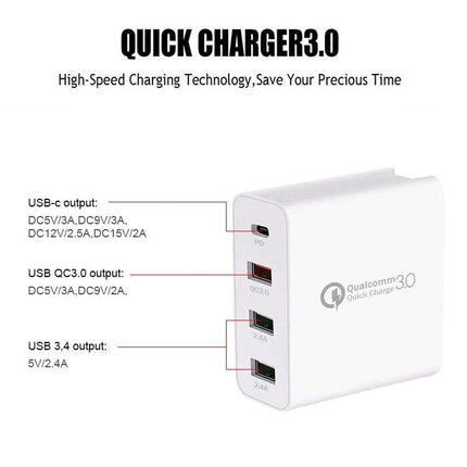 A3 PD 18W USB C Travel Charger Quad USB Ports QC3.0 Fast Charge US EU UK Plugs white 4-port PD QC3.0 travel wall charger with foldable plugs