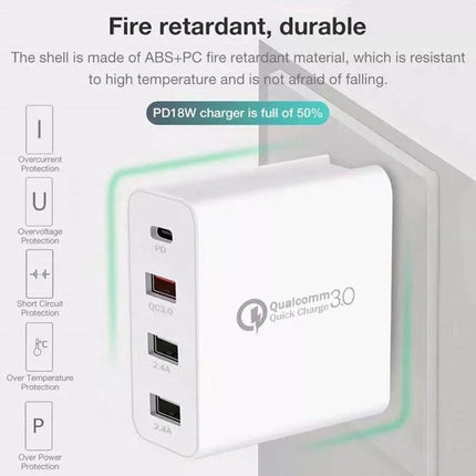 A3 PD 18W USB C Travel Charger Quad USB Ports QC3.0 Fast Charge US EU UK Plugs white foldable-pin 4-port PD QC3.0 charger, fireproof ABS+PC shell