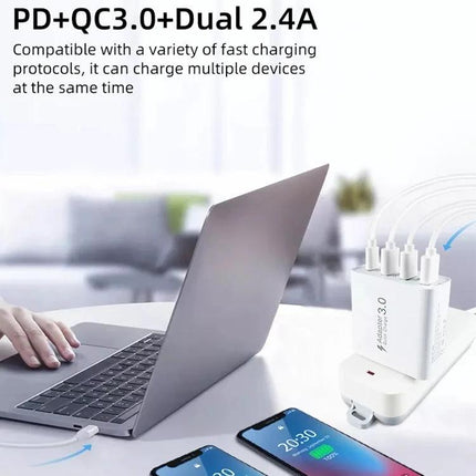 A3 PD 18W USB C Travel Charger Quad USB Ports QC3.0 Fast Charge US EU UK Plugs compact 4-port charger with PD QC3.0 and foldable plugs