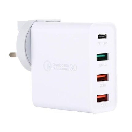 A3 PD 18W USB C Travel Charger Quad USB Ports QC3.0 Fast Charge US EU UK Plugs white foldable pins PD and QC3.0 multiport travel adapter