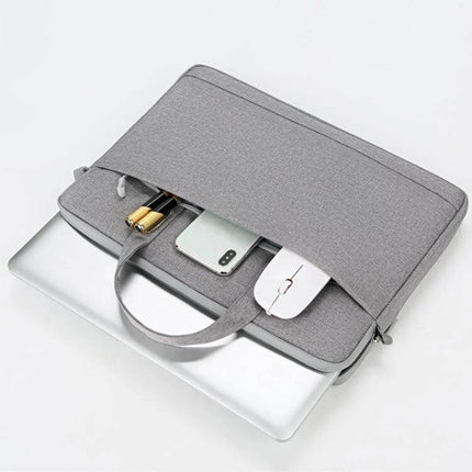 Waterproof Oxford Cloth Laptop Handbag for 15-Inch Laptops in grey with front pockets showing phone, mouse, and cables