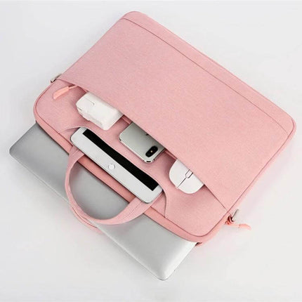 Waterproof Oxford Cloth Laptop Handbag for 13.3-14 and 15-16 Inch Laptops - pink water-repellent Oxford cloth sleeve with handle and front pocket holding phone, mouse, charger