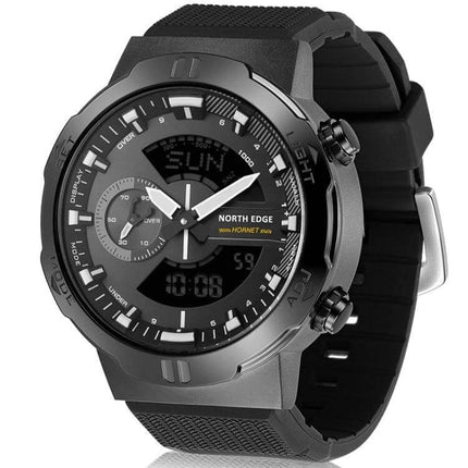 North Edge Hornet Men's Luminous Digital Sports Watch showing black dial, full metal bezel, luminous hands and sporty rubber strap
