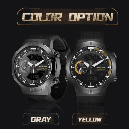 North Edge Hornet Men's Luminous Digital Sports Watch showing gray and yellow color options with metal bezel and luminous dial